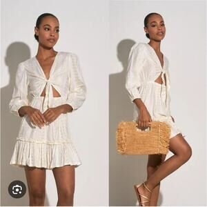 Womens Elan White Gold Metallic Knot 3/4 Puff Sleeve Ruffle Cottage Boho Dress